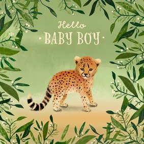 Felicitatiekaart met een baby boy cheeta