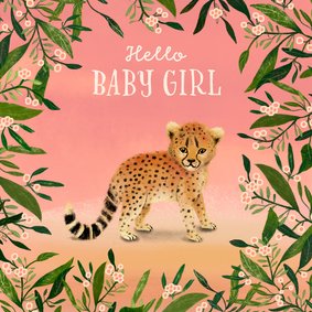 Felicitatiekaart met een baby girl cheeta