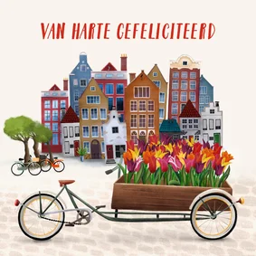 Felicitatiekaart met huisjes en bakfiets met bloemen
