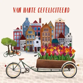 Felicitatiekaart met huisjes en bakfiets met bloemen