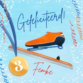 Felicitatiekaart met klapschaats en medaille