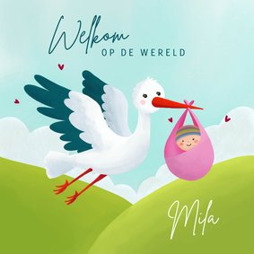 Felicitatiekaart met ooievaar en baby meisje voor geboorte