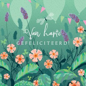 Felicitatiekaart met Primula, ballonen en vlaggetjes 