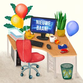 Felicitatiekaart nieuwe baan met illustratie van een kantoor