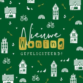 Felicitatiekaart nieuwe woning huisjes sleutels fietsen