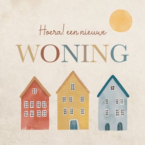 Felicitatiekaart nieuwe woning met huisjes en zon