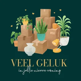 Felicitatiekaart nieuwe woning veel geluk dozen planten