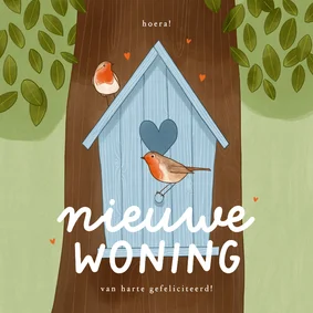 Felicitatiekaart nieuwe woning vogelhuisje roodborstjes boom
