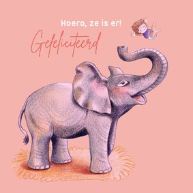 Felicitatiekaart olifant met meisje voor de geboorte 