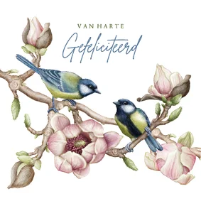 Felicitatiekaart trouwen magnolia vogels koolmees botanical