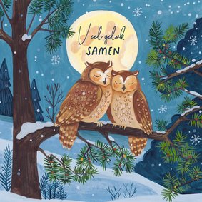 Felicitatiekaart twee uiltjes in maanlicht huwelijk