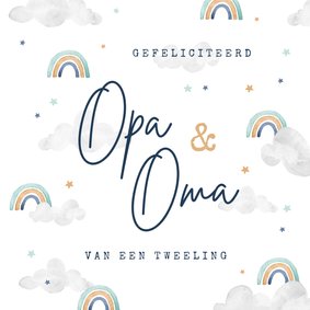 Felicitatiekaart tweeling geboorte opa oma regenboogjes 