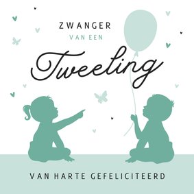 Felicitatiekaart tweeling silhouet zwanger hartjes vlinder