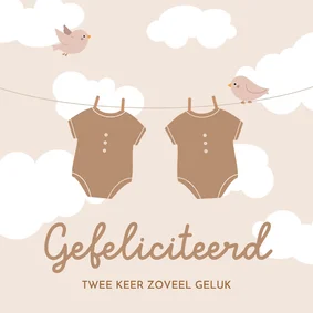 Felicitatiekaart tweeling waslijn met 2 rompertjes in beige