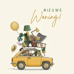 Felicitatiekaart verhuisd auto geel met spullen
