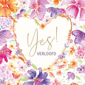 Felicitatiekaart verloofd - Bloemen met kader in hartvorm