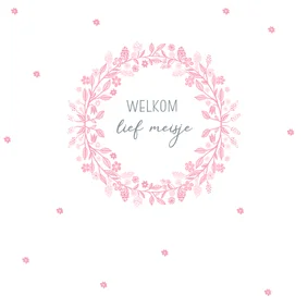 Felicitatiekaart voor geboorte met roze krans