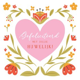 Felicitatiekaart voor huwelijk met hartje en bloemen