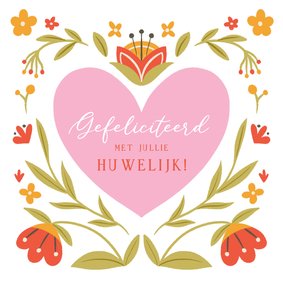 Felicitatiekaart voor huwelijk met hartje en bloemen