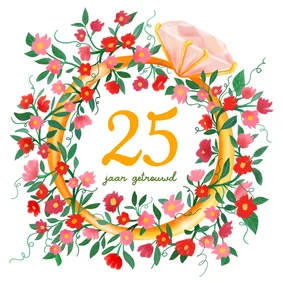 Felicitatiekaart voor huwelijksjubileum met ring en bloemen
