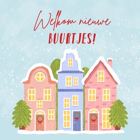 Felicitatiekaart welkom buurtjes met huizen in de sneeuw