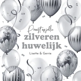 Felicitatiekaart zilveren huwelijk ballonnen confetti 25