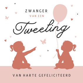 Felicitatiekaart zwanger tweeling silhouet vlinders hartjes 