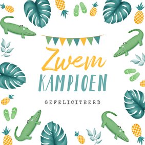 Felicitatiekaart zwemmen geslaagd krokodil ananas jongen