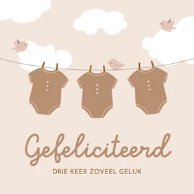 Felicitatiekaartje drieling beige met waslijn en vogels