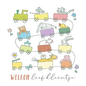 Felicitatiekaartje geboorte een trein met dieren