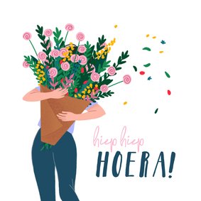 Felicitatiekaartje Hiep hiep hoera bos bloemen