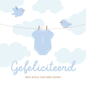 Felicitatiekaartje jongen met waslijn rompertje en vogels