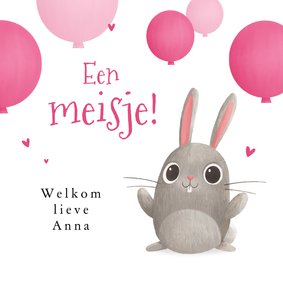 Felicitatiekaartje konijn ballonnen hartjes baby geboren