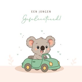 Felicitatiekaartje met een koala in groene auto