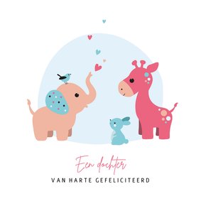 Felicitatiekaartje met olifant giraf en konijn