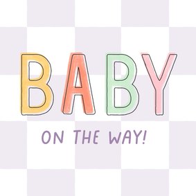 Felicitatiekaartje paarse blokjes baby on the way gekleurd