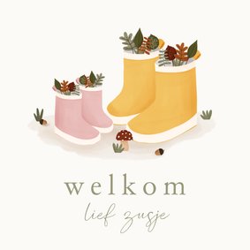 Felicitatiekaartje regenlaarsjes welkom lief zusje