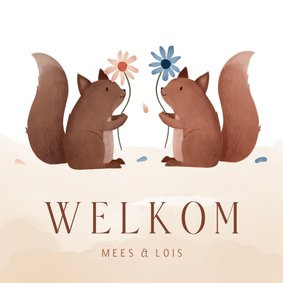 Felicitatiekaartje tweeling twee eekhoorntjes bloemetjes