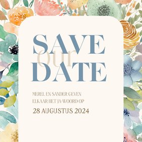 Fleurige save the date waterverf bloemen en takjes