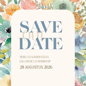 Fleurige save the date waterverf bloemen en takjes