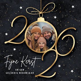 Foto kerstkaart 2026 gouden kerstbal sterren