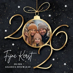 Foto kerstkaart 2026 gouden kerstbal sterren