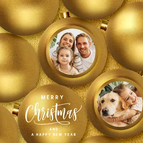 Foto kerstkaart gouden kerstballen