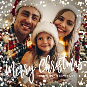 Foto kerstkaart vrolijke foto sneeuw confetti sterretjes 