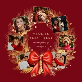 Fotocollage kerstkaart gouden kerstkrans met rode strik