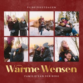 Fotocollage kerstkaart in rood warme wensen met goudfolie