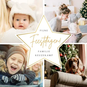 Fotocollage kerstkaart met 4 eigen foto's en gouden ster