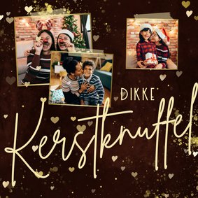 Fotokaart dikke kerstknuffel met 3 foto's en hartjes roest