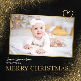 Fotokaart in kerstsfeer met goud en merry christmas