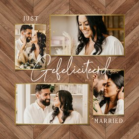 Fotokaart just married gouden letters houtlook visgraat